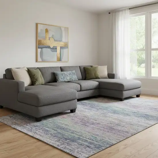 8' Blush Blue And Ivory Striped Washable Area Rug With UV Protection Photo 2