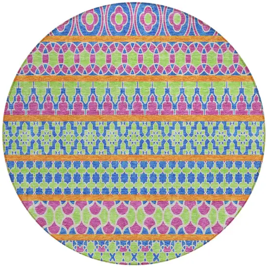 8' Blush Blue And Lime Green Round Quatrefoil Washable Indoor Outdoor Area Rug Photo 6