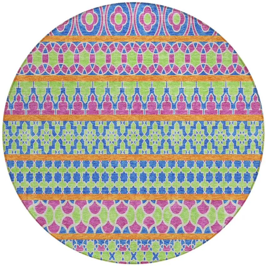 8' Blush Blue And Lime Green Round Quatrefoil Washable Indoor Outdoor Area Rug Photo 6