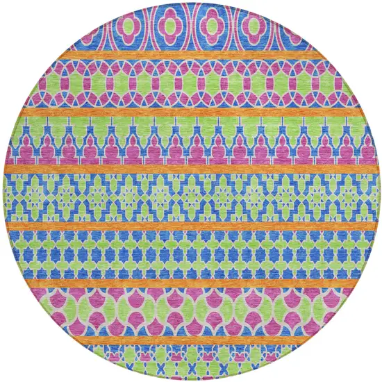 8' Blush Blue And Lime Green Round Quatrefoil Washable Indoor Outdoor Area Rug Photo 1