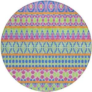 Photo of 8' Blush Blue And Lime Green Round Quatrefoil Washable Indoor Outdoor Area Rug