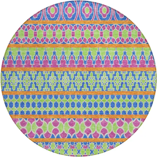8' Blush Blue And Lime Green Round Quatrefoil Washable Indoor Outdoor Area Rug Photo 1
