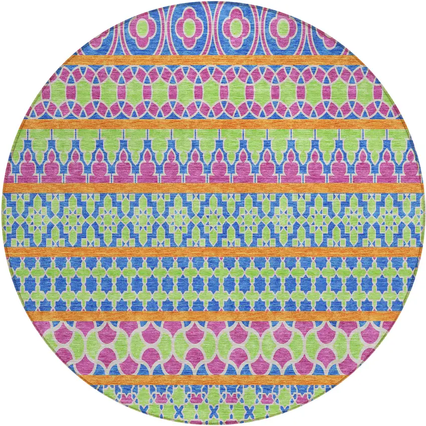 8' Blush Blue And Lime Green Round Quatrefoil Washable Indoor Outdoor Area Rug Photo 1
