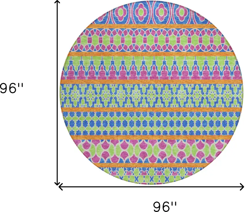 8' Blush Blue And Lime Green Round Quatrefoil Washable Indoor Outdoor Area Rug Photo 9