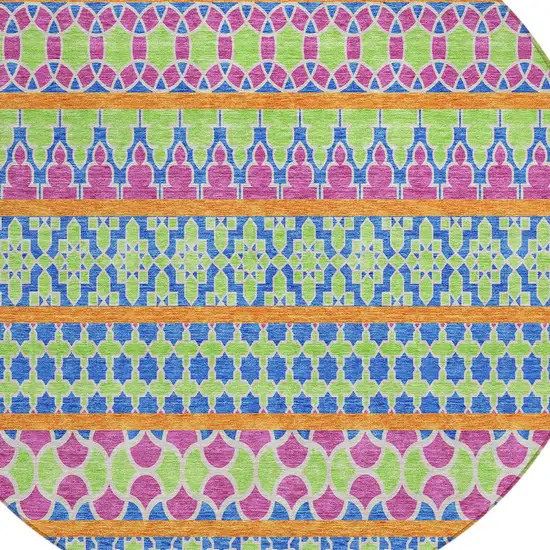 8' Blush Blue And Lime Green Round Quatrefoil Washable Indoor Outdoor Area Rug Photo 5