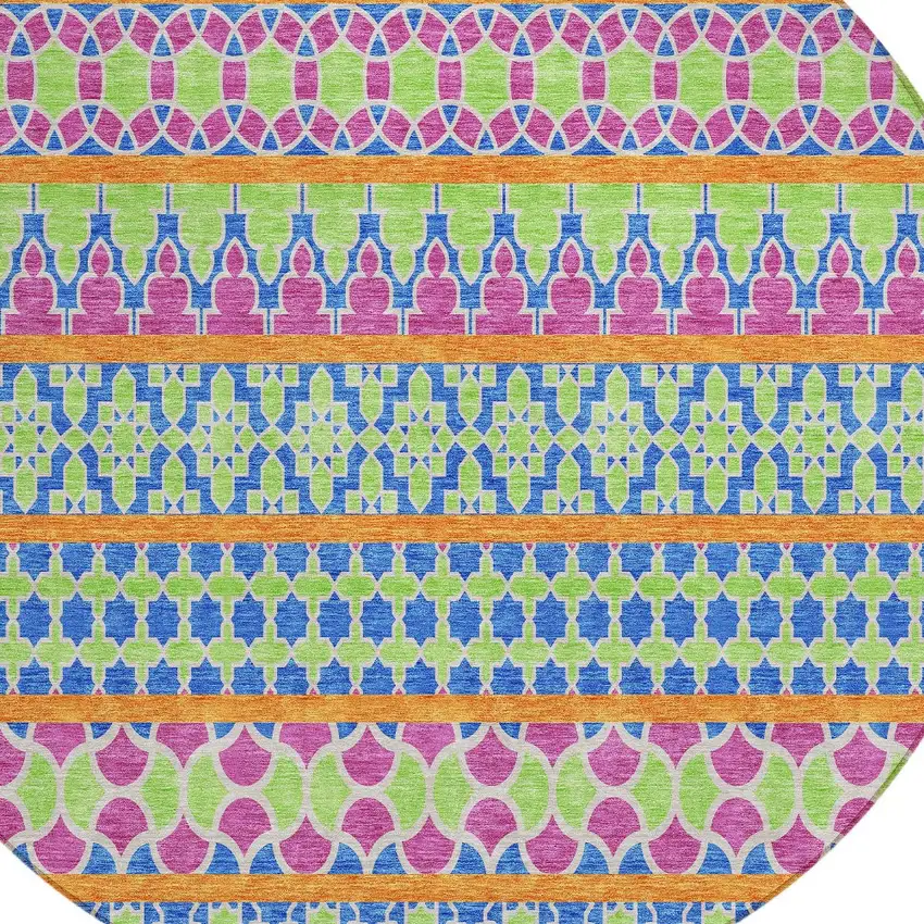 8' Blush Blue And Lime Green Round Quatrefoil Washable Indoor Outdoor Area Rug Photo 5