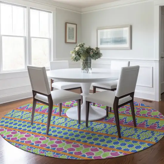 8' Blush Blue And Lime Green Round Quatrefoil Washable Indoor Outdoor Area Rug Photo 8