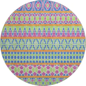Photo of 8' Blush Blue And Orange Ikat Washable Round Rug With UV Protection