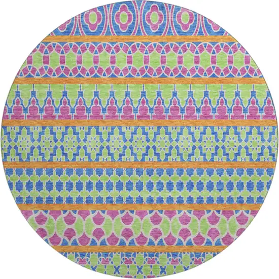 8' Blush Blue And Orange Ikat Washable Round Rug With UV Protection Photo 1
