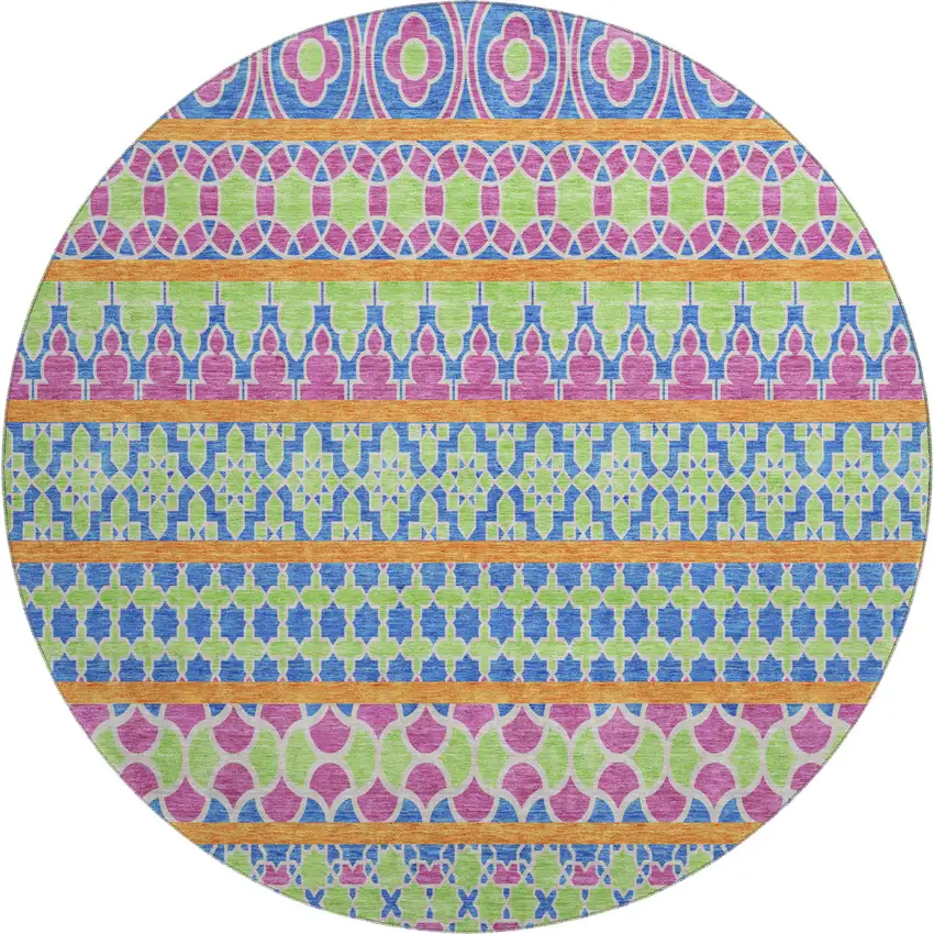 8' Blush Blue And Orange Ikat Washable Round Rug With UV Protection Photo 1