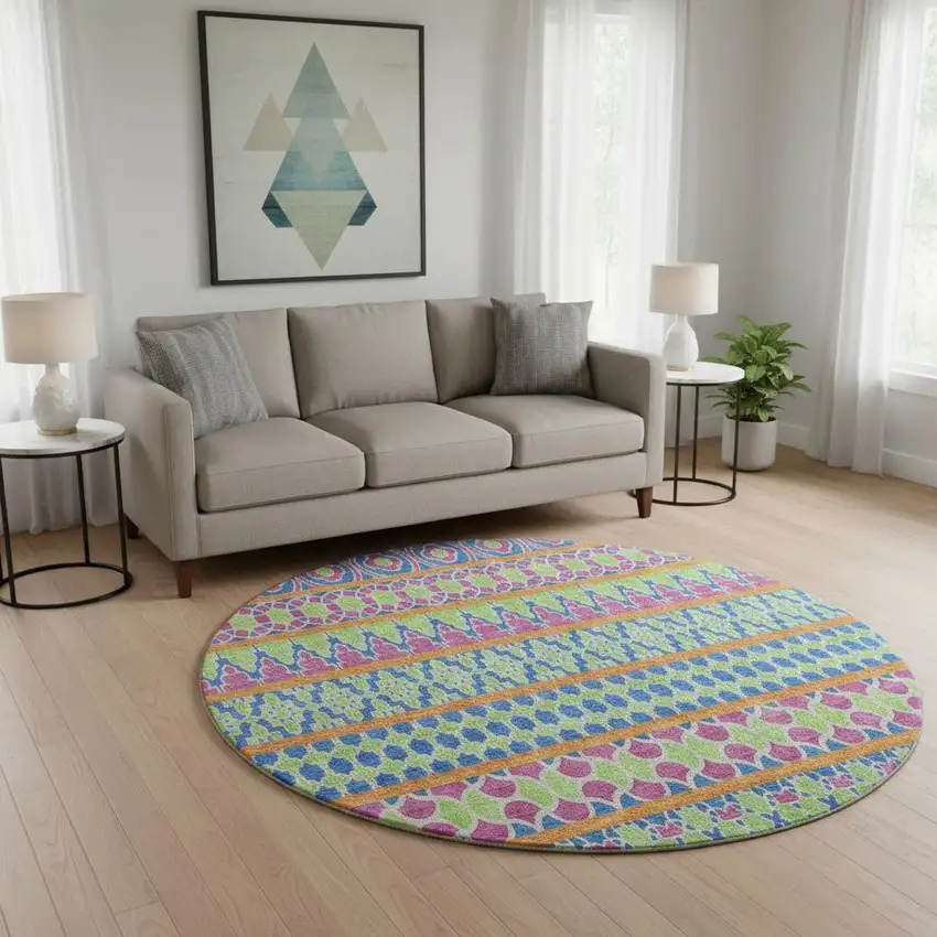 8' Blush Blue And Orange Ikat Washable Round Rug With UV Protection Photo 2