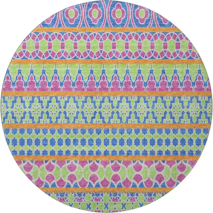 8' Blush Blue And Orange Ikat Washable Round Rug With UV Protection Photo 3