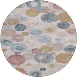 Photo of 8' Blush Blue And Taupe Round Geometric Washable Indoor Outdoor Area Rug