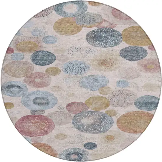 8' Blush Blue And Taupe Round Geometric Washable Indoor Outdoor Area Rug Photo 1