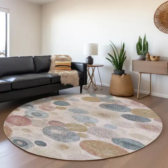 8' Blush Blue And Taupe Round Geometric Washable Indoor Outdoor Area Rug Photo 6