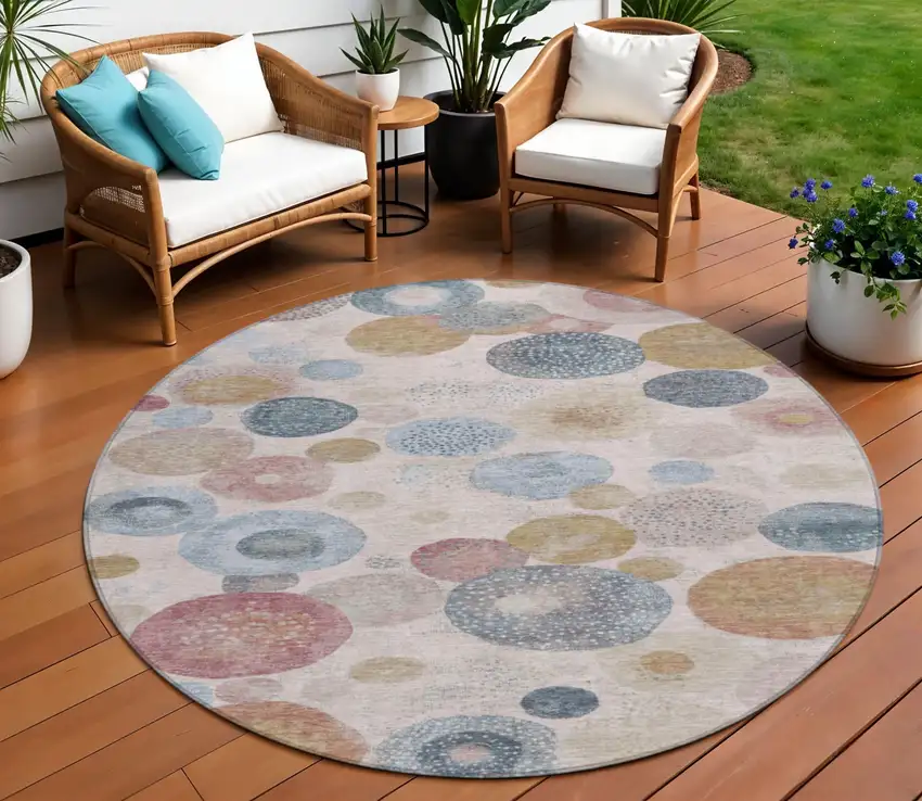 8' Blush Blue And Taupe Round Geometric Washable Indoor Outdoor Area Rug Photo 2
