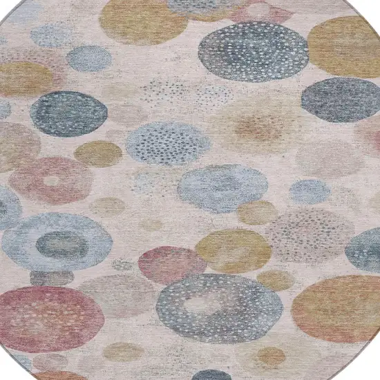 8' Blush Blue And Taupe Round Geometric Washable Indoor Outdoor Area Rug Photo 8