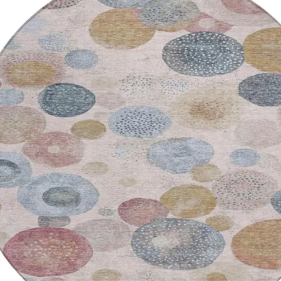 8' Blush Blue And Taupe Round Geometric Washable Indoor Outdoor Area Rug Photo 4