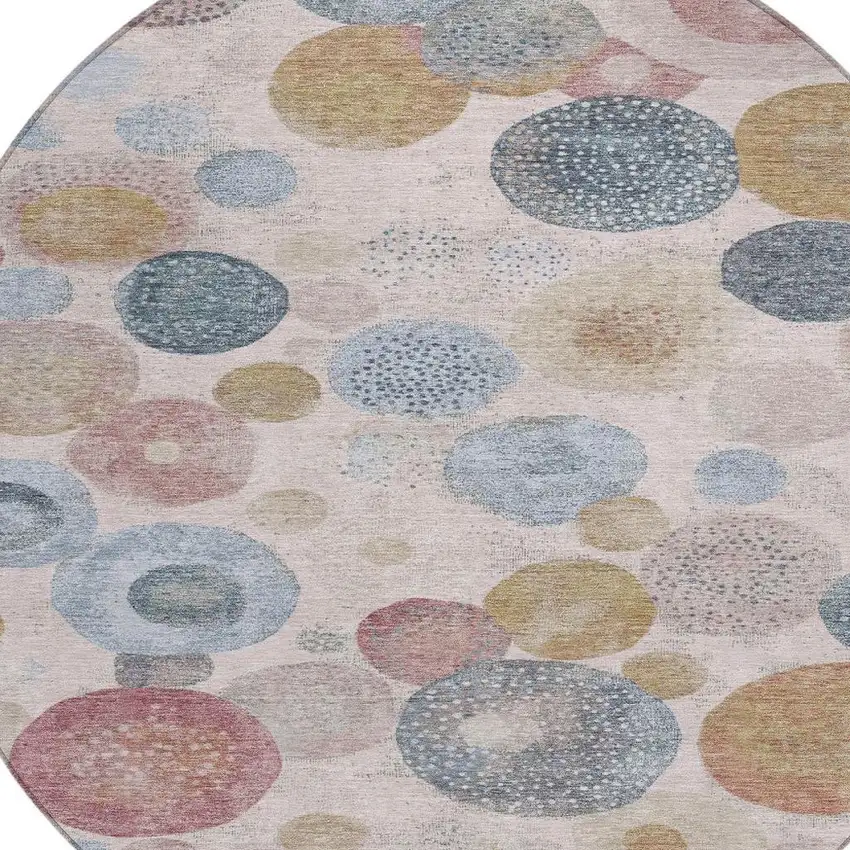 8' Blush Blue And Taupe Round Geometric Washable Indoor Outdoor Area Rug Photo 4
