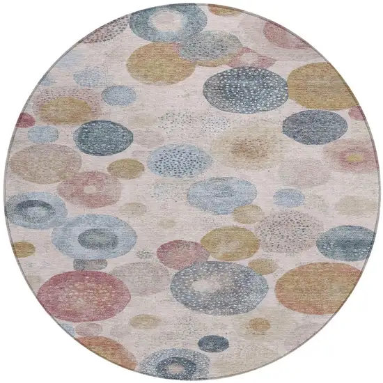 8' Blush Blue And Taupe Round Geometric Washable Indoor Outdoor Area Rug Photo 3