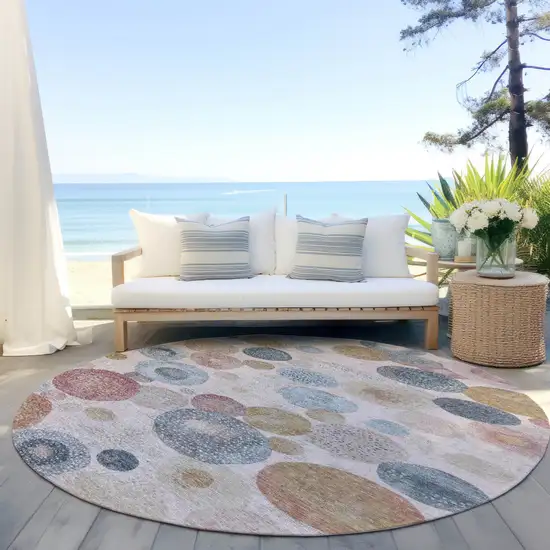 8' Blush Blue And Taupe Round Geometric Washable Indoor Outdoor Area Rug Photo 5
