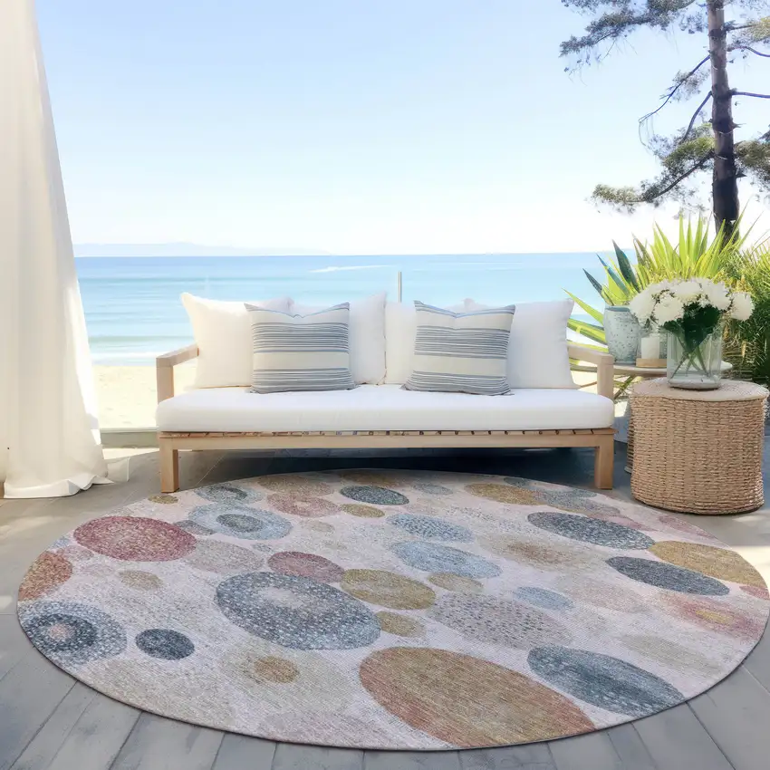 8' Blush Blue And Taupe Round Geometric Washable Indoor Outdoor Area Rug Photo 5