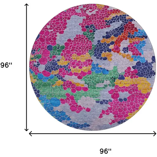 8' Blush Blue And Yellow Geometric Washable Round Rug With UV Protection Photo 8