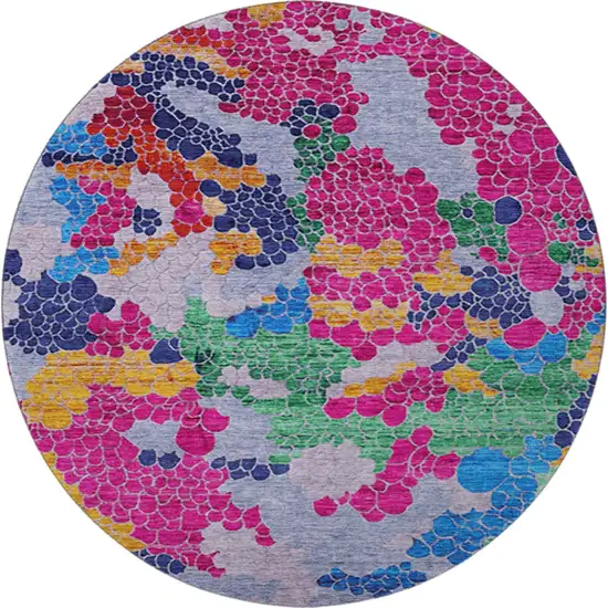 8' Blush Blue And Yellow Geometric Washable Round Rug With UV Protection Photo 2