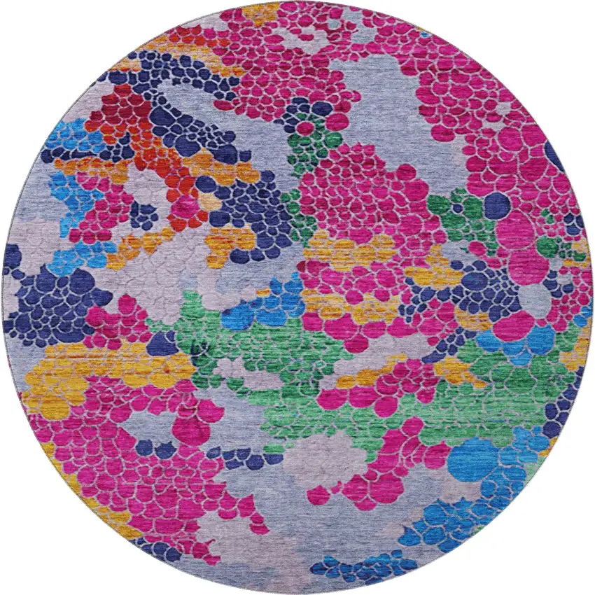 8' Blush Blue And Yellow Geometric Washable Round Rug With UV Protection Photo 2