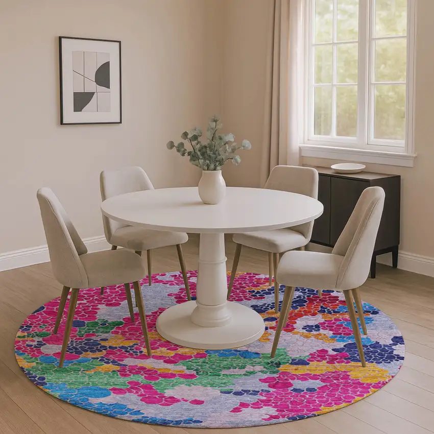 8' Blush Blue And Yellow Geometric Washable Round Rug With UV Protection Photo 3