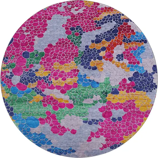 8' Blush Blue And Yellow Geometric Washable Round Rug With UV Protection Photo 1