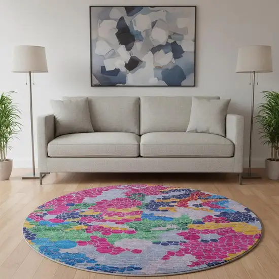 8' Blush Blue And Yellow Geometric Washable Round Rug With UV Protection Photo 2