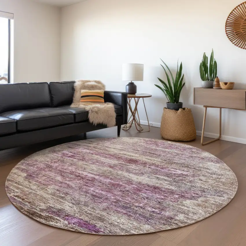 8' Blush Brown And Beige Round Abstract Washable Indoor Outdoor Area Rug Photo 7