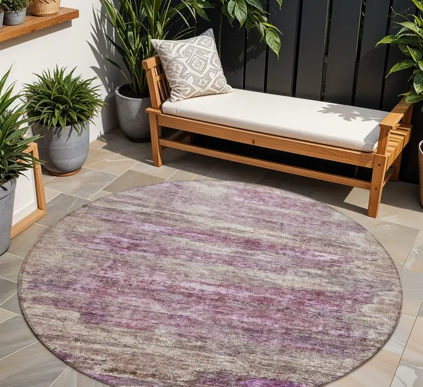 8' Blush Brown And Beige Round Abstract Washable Indoor Outdoor Area Rug Photo 1