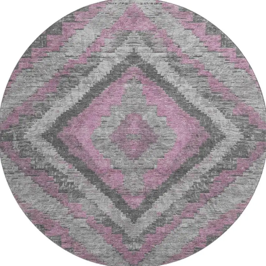 8' Blush Charcoal And Gray Diamond Washable Round Rug With UV Protection Photo 3