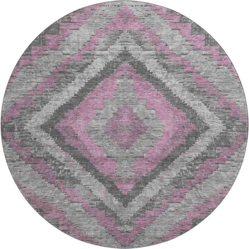 8' Blush Charcoal And Gray Diamond Washable Round Rug With UV Protection Photo 1