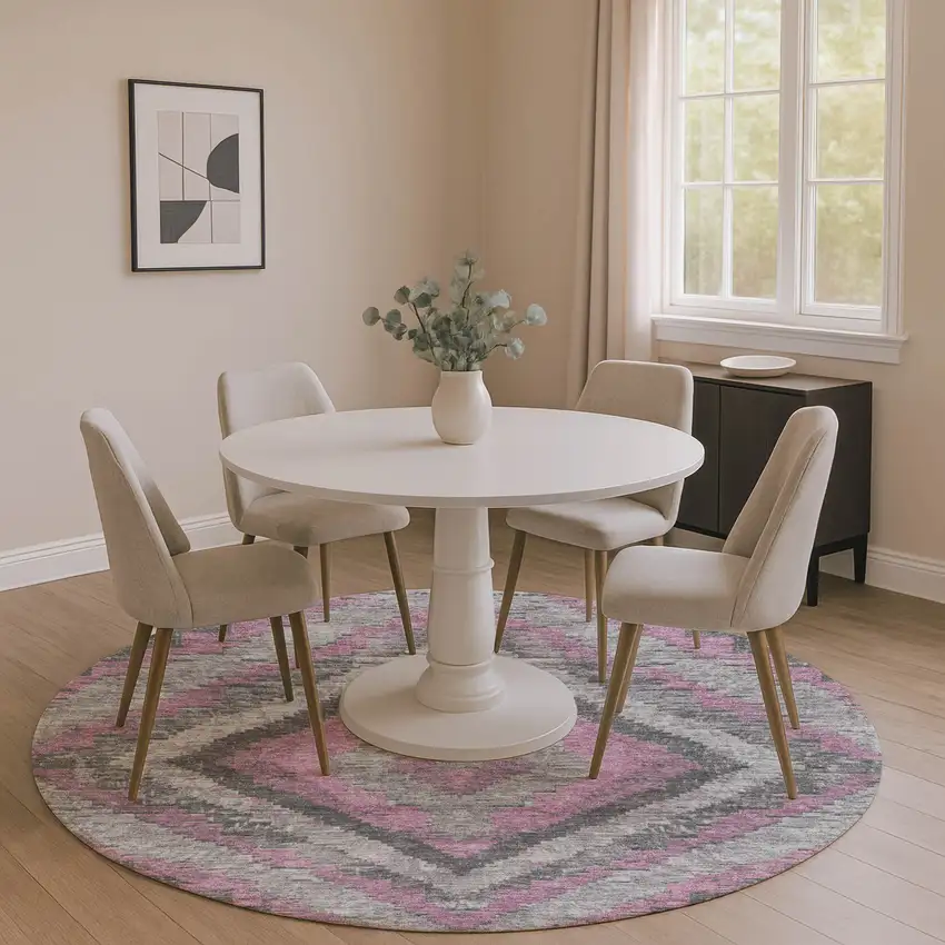 8' Blush Charcoal And Gray Diamond Washable Round Rug With UV Protection Photo 4