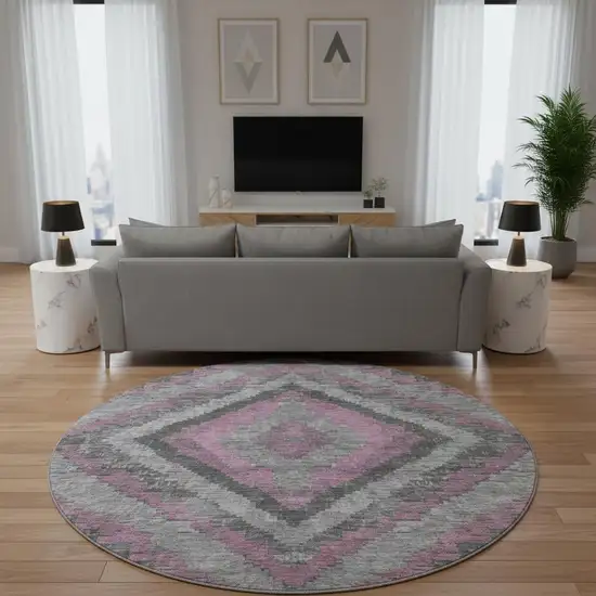 8' Blush Charcoal And Gray Diamond Washable Round Rug With UV Protection Photo 2