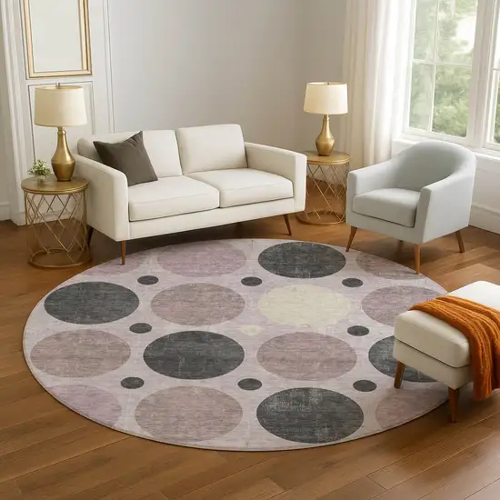 8' Blush Charcoal And Ivory Geometric Washable Round Rug With UV Protection Photo 5