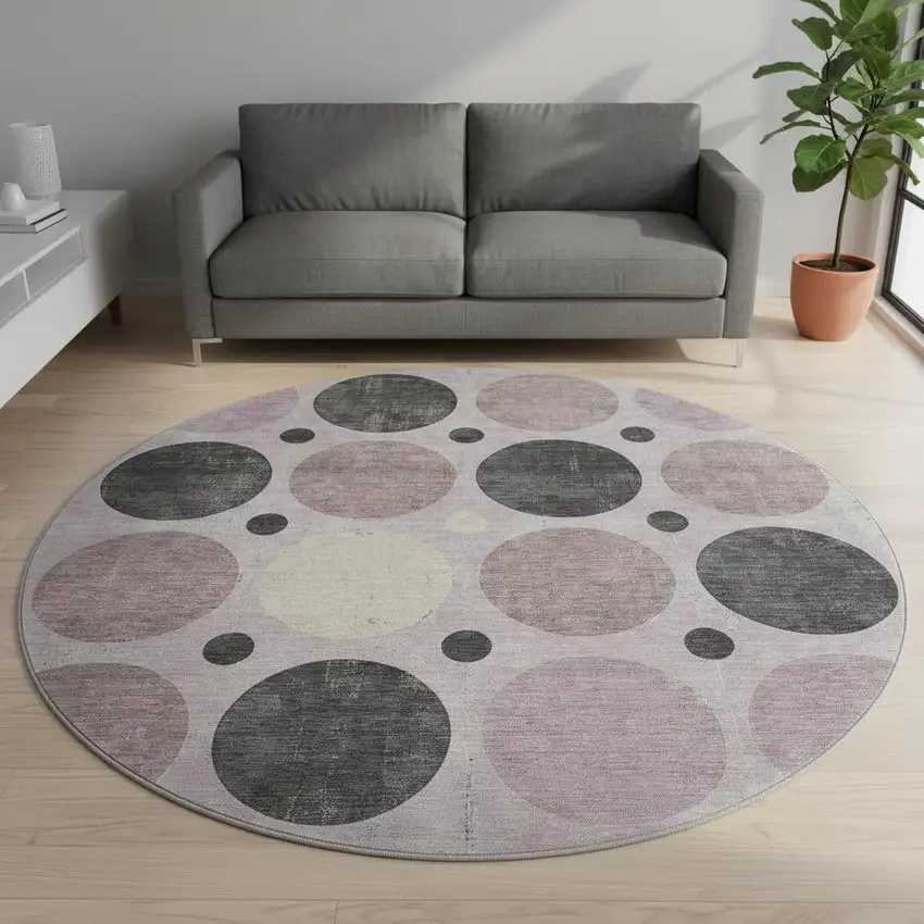 8' Blush Charcoal And Ivory Geometric Washable Round Rug With UV Protection Photo 2