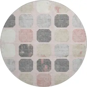 Photo of 8' Blush Charcoal And Ivory Geometric Washable Round Rug With UV Protection