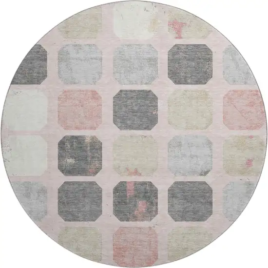 8' Blush Charcoal And Ivory Geometric Washable Round Rug With UV Protection Photo 1