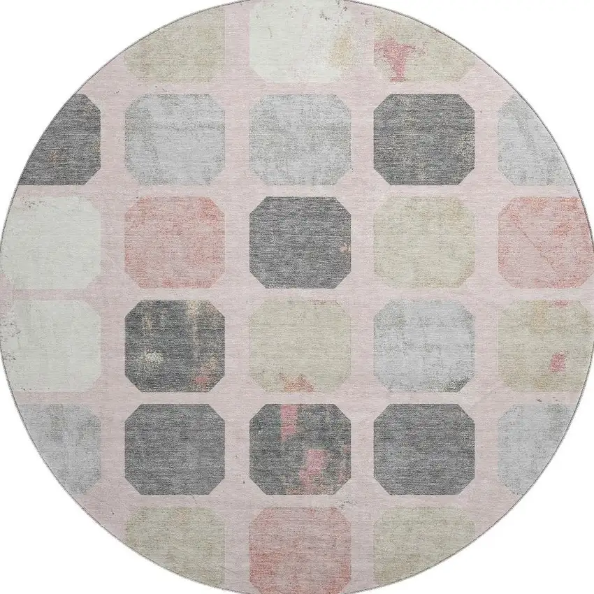 8' Blush Charcoal And Ivory Geometric Washable Round Rug With UV Protection Photo 4