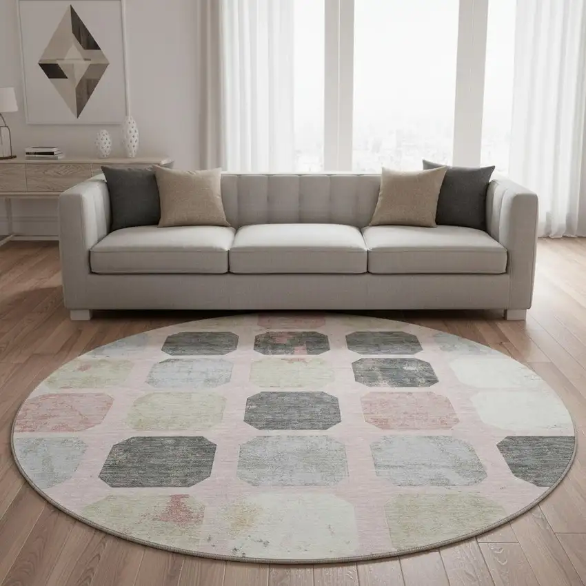 8' Blush Charcoal And Ivory Geometric Washable Round Rug With UV Protection Photo 2