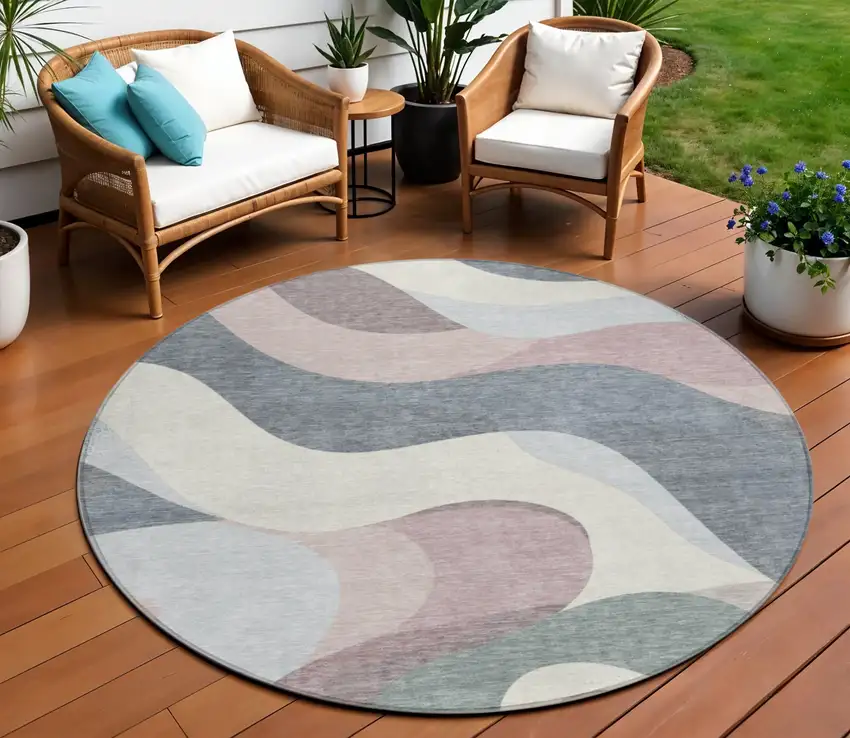 8' Blush Charcoal And Ivory Round Abstract Washable Indoor Outdoor Area Rug Photo 2