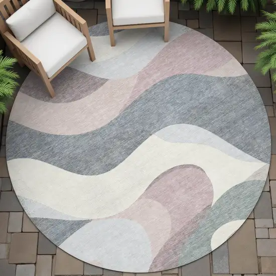 8' Blush Charcoal And Ivory Round Abstract Washable Indoor Outdoor Area Rug Photo 8