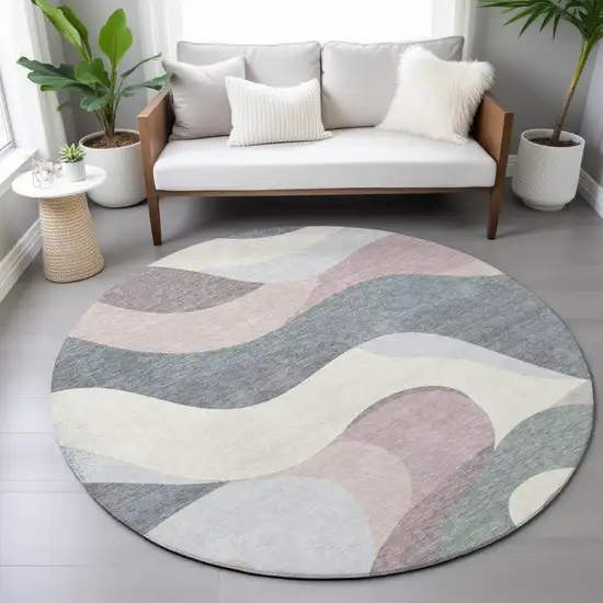 8' Blush Charcoal And Ivory Round Abstract Washable Indoor Outdoor Area Rug Photo 9