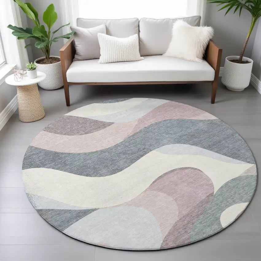 8' Blush Charcoal And Ivory Round Abstract Washable Indoor Outdoor Area Rug Photo 9