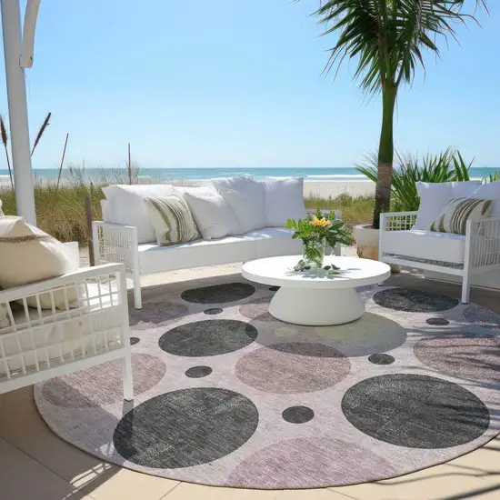 8' Blush Charcoal And Ivory Round Geometric Washable Indoor Outdoor Area Rug Photo 6