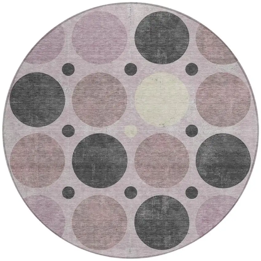 8' Blush Charcoal And Ivory Round Geometric Washable Indoor Outdoor Area Rug Photo 3